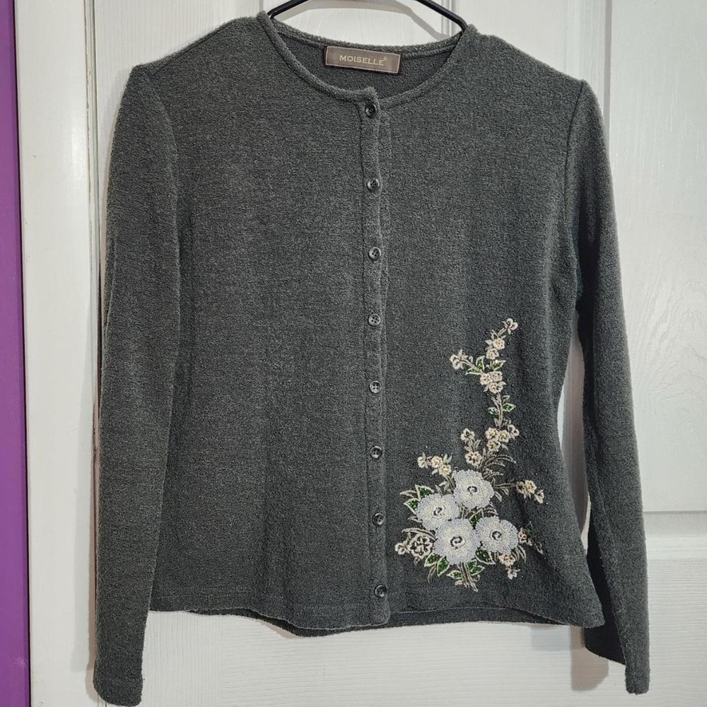 Vintage Grey Floral Embroidered Cardigan